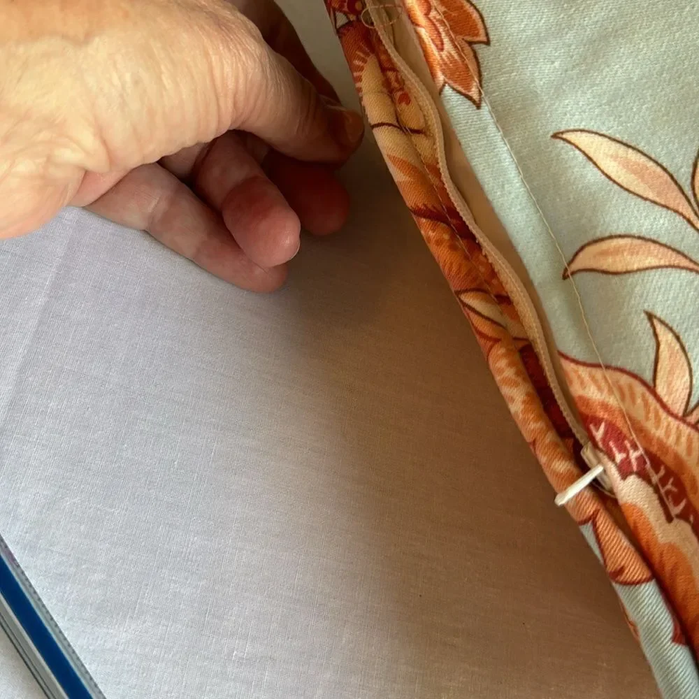 Custom-made sky blue coral print chinoserie pillow with zippered closure.